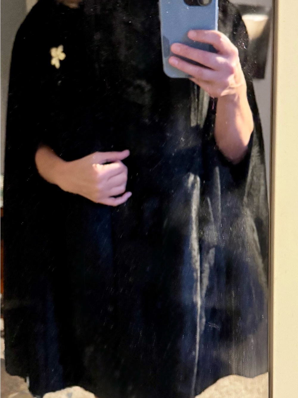 vintage French black velvet cape coat / swing coat / opera coat with Brooch